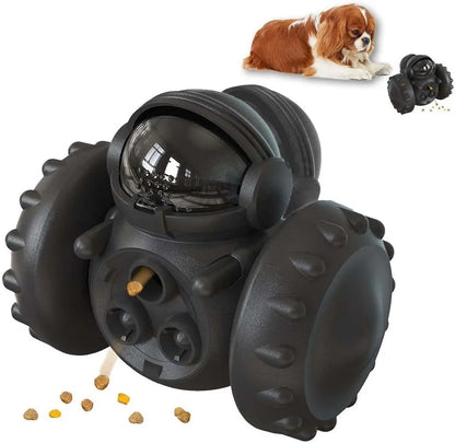 A small, robot-shaped, self-balancing dog treat dispenser toy in various colours, rolling on a floor.