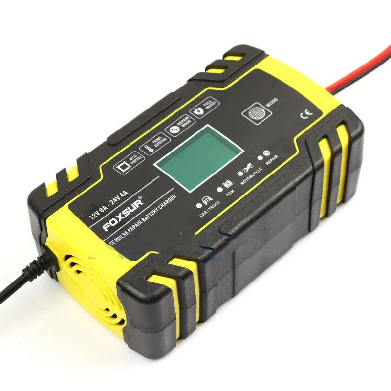 Battery charger with screen display showing charging parameters for 12V and 24V lead-acid batteries