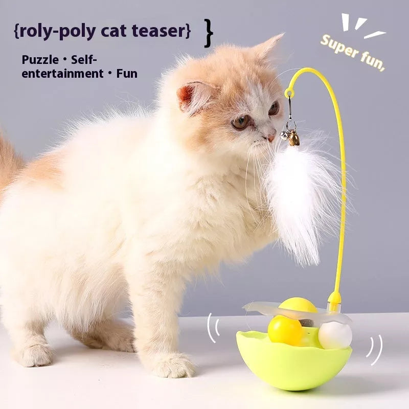 Interactive cat toy with catnip, feather wand, and spinning balls in white, indigo, fluorescent yellow, and pink