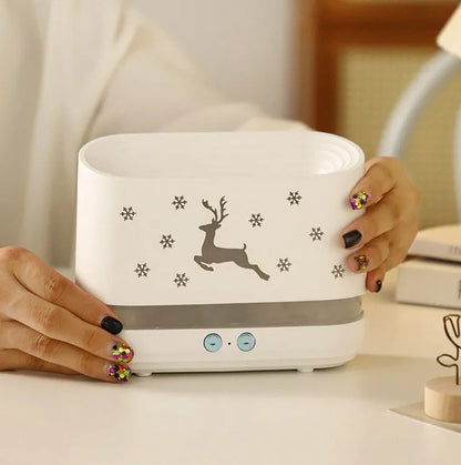 White flame humidifier diffuser with Christmas pattern, USB powered, two fog outlets and flame light effect