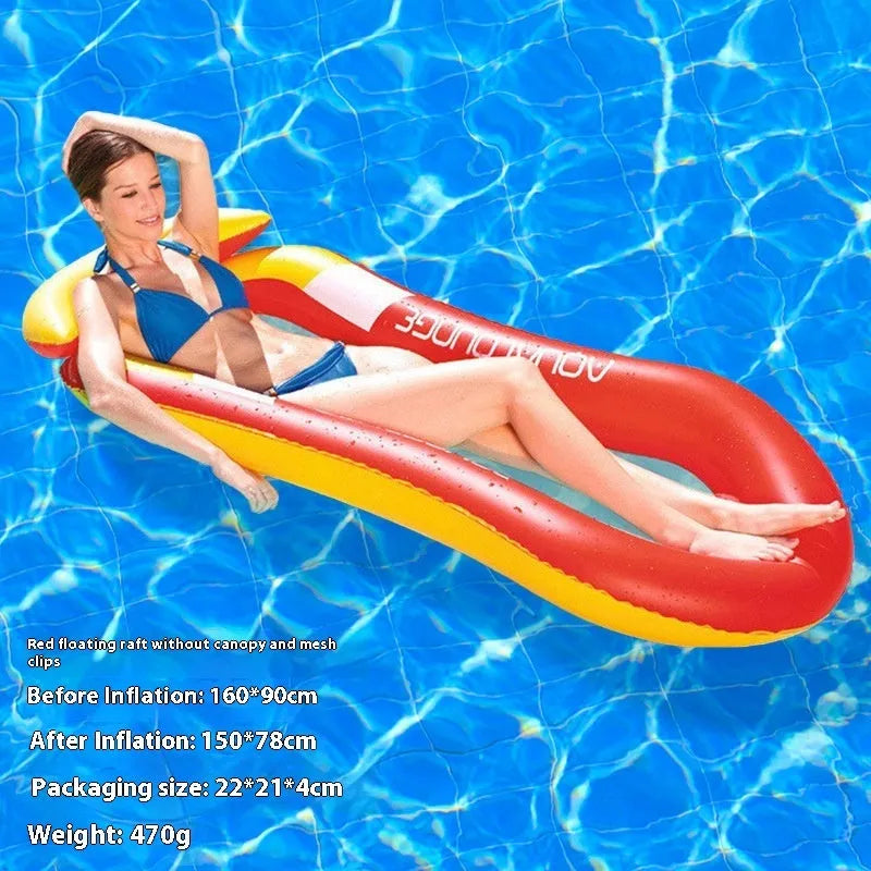 A person lounging on a large, colourful inflatable floating row with sequin details in a swimming pool.