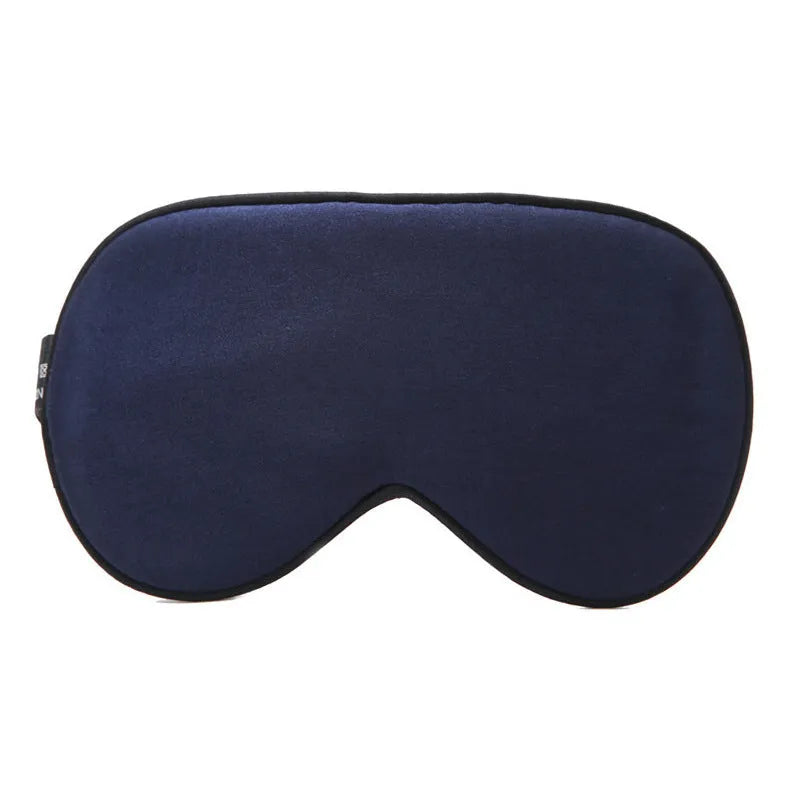 Double-sided mulberry silk eye mask showing 22cm by 11cm dimensions in navy blue colour