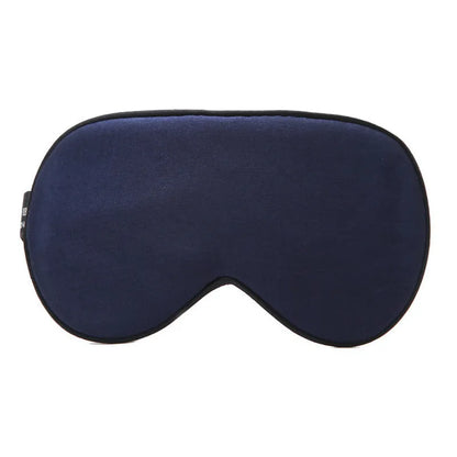 Double-sided mulberry silk eye mask showing 22cm by 11cm dimensions in navy blue colour