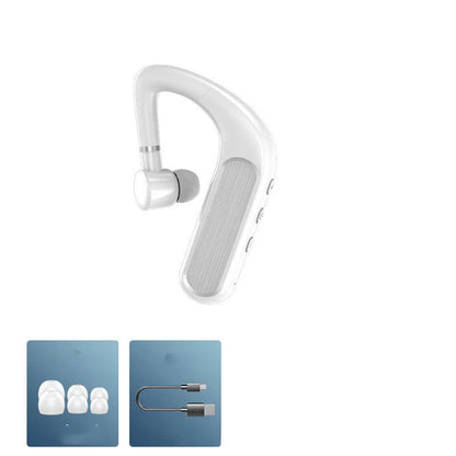 Black Bluetooth earphones with hanging ear design, showing ear caps and charging port