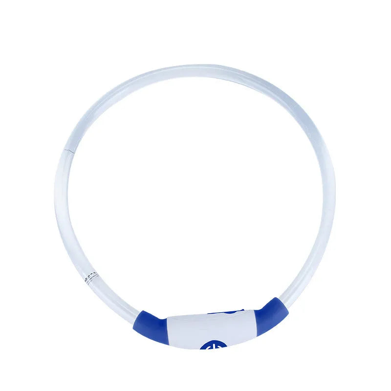 USB-rechargeable LED dog collar with blue glow, adjustable 70cm length, and three flash modes for pet safety.