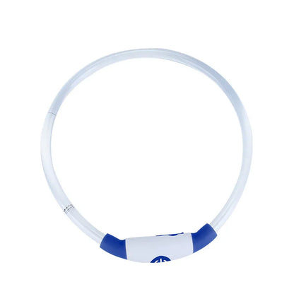USB-rechargeable LED dog collar with blue glow, adjustable 70cm length, and three flash modes for pet safety.