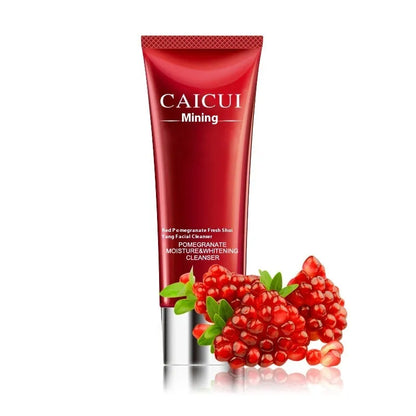 Pomegranate skincare set with four red packaged products for oily and combination skin
