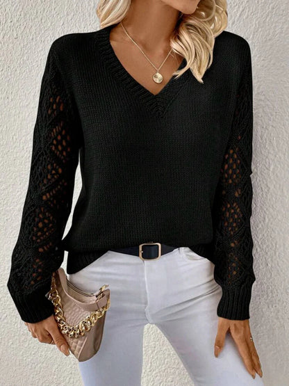 Stylish polyester fiber V-neck pullover sweater with unique hollow sleeve design, available in multiple vibrant colors