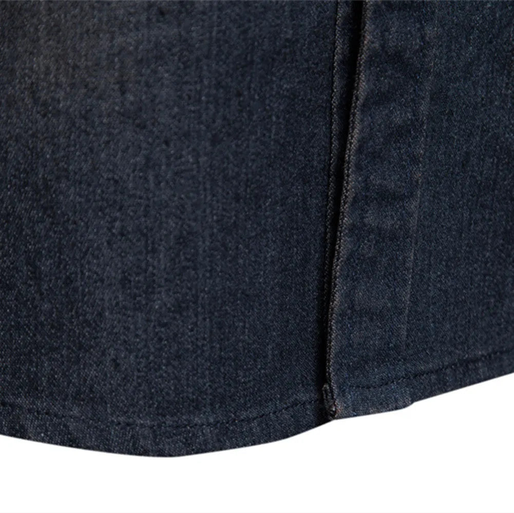 Men's solid colour slim fit cotton denim shirt with long sleeves and button front.