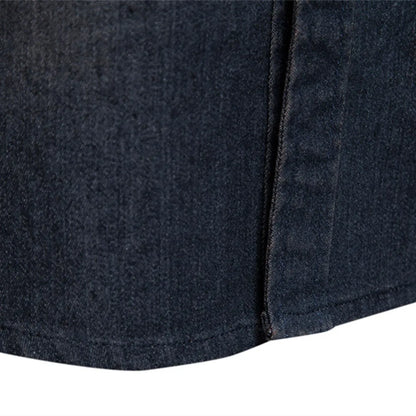 Men's solid colour slim fit cotton denim shirt with long sleeves and button front.
