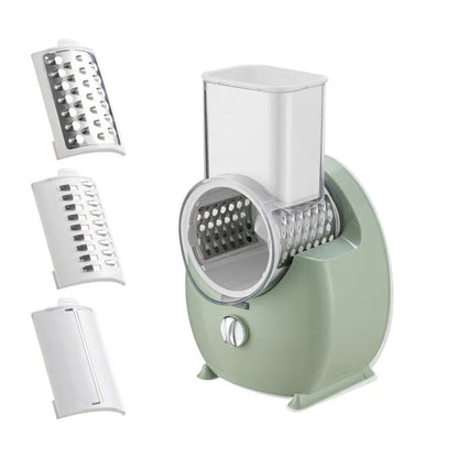 White electric vegetable slicer with rotary grater and suction base for kitchen use