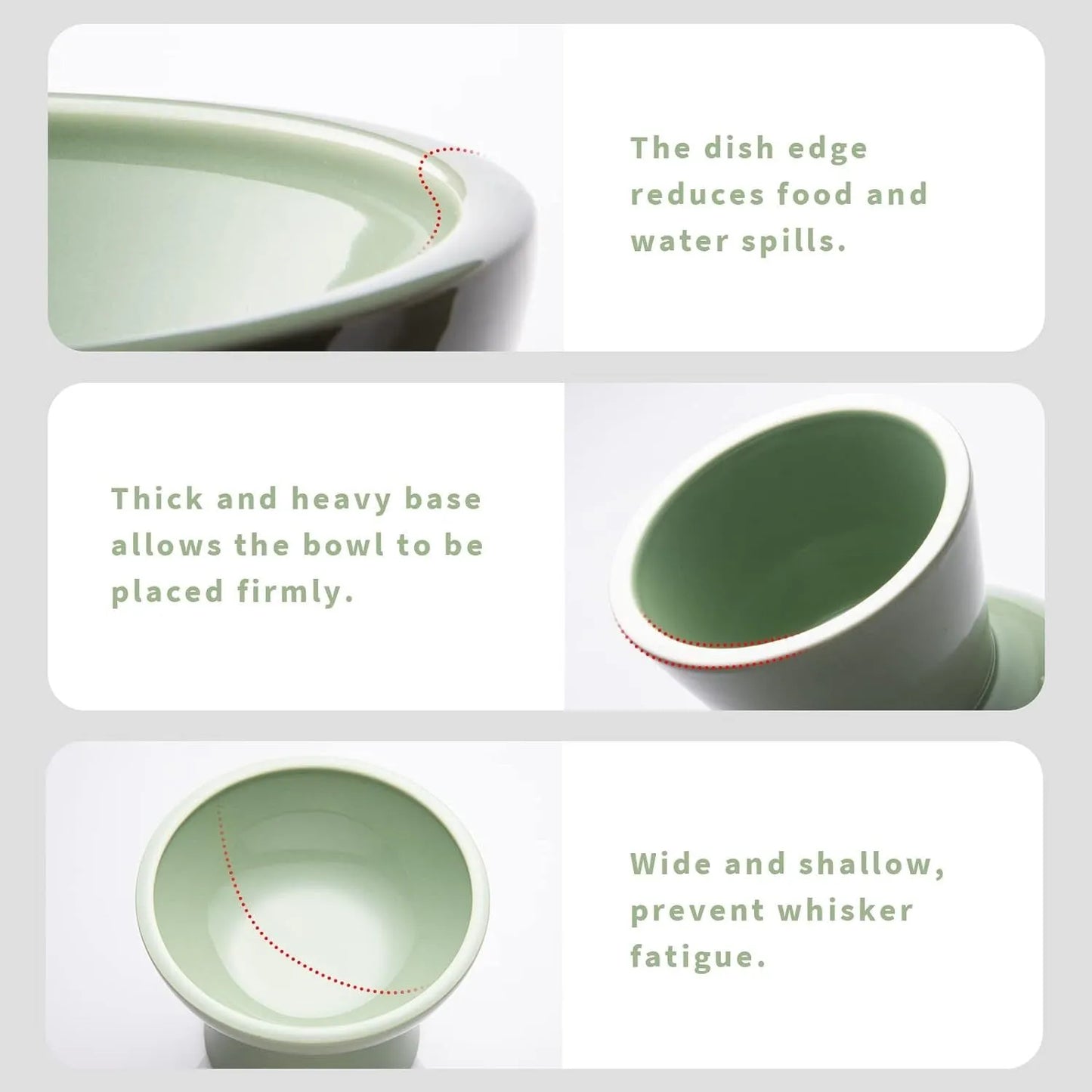 Elevated wide shallow ceramic cat food and water bowl in blue, green, pink, or white colour options.