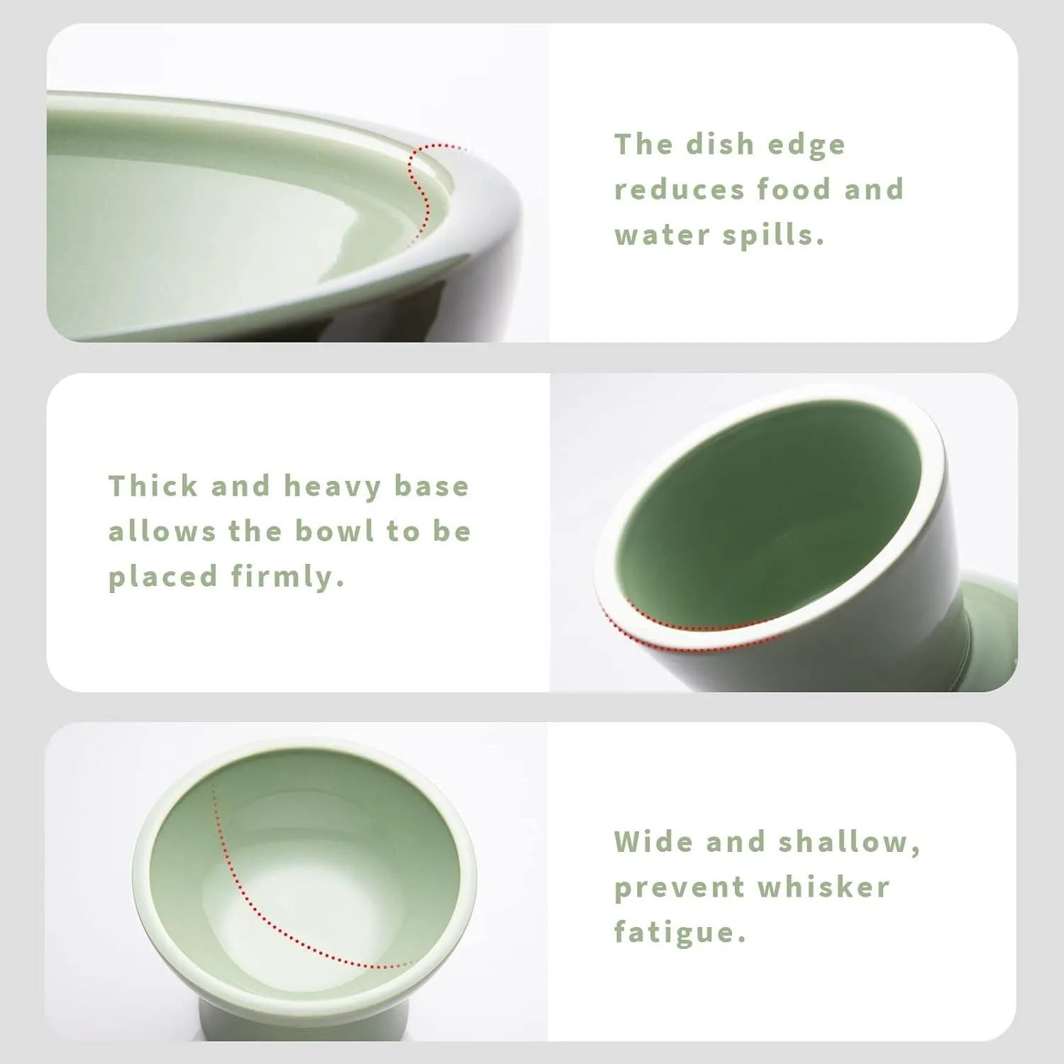 Elevated wide shallow ceramic cat food and water bowl in blue, green, pink, or white colour options.