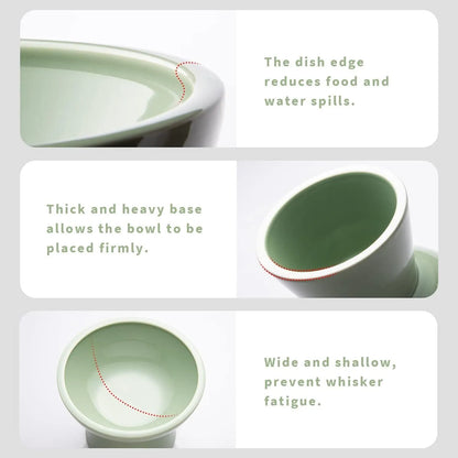 Elevated wide shallow ceramic cat food and water bowl in blue, green, pink, or white colour options.