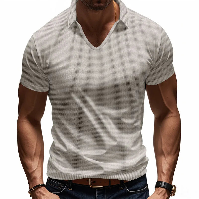Men's loose fit light grey V-neck short sleeve T-shirt laid flat