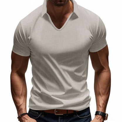 Men's loose fit light grey V-neck short sleeve T-shirt laid flat
