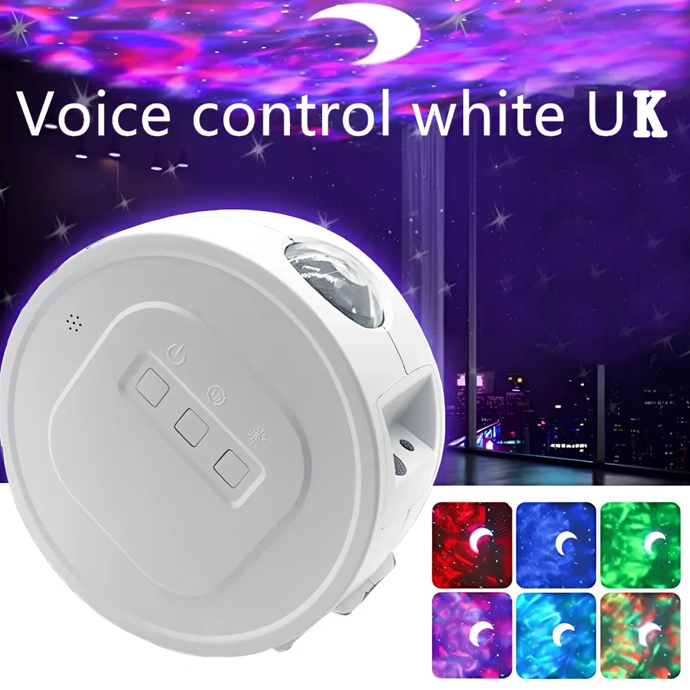USB star projection light with voice control showing rotating mechanism and star pattern projection