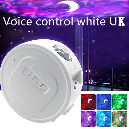 USB star projection light with voice control showing rotating mechanism and star pattern projection