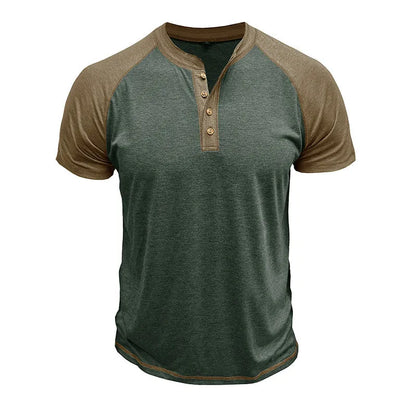 Man wearing a short sleeve colour block pullover with raglan sleeves in a green and khaki combination.