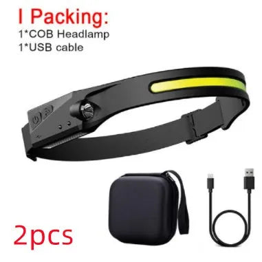 Black silicone USB rechargeable headlamp with a wide COB LED lens and a side wave sensor.