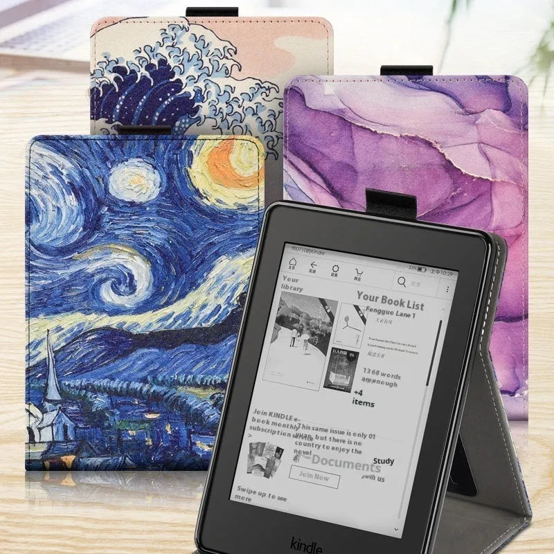 Handheld protective case for 6-inch e-reader in TPU with embossed bracket style, available in colours like black, grey, and designs such as Van Gogh starry sky.