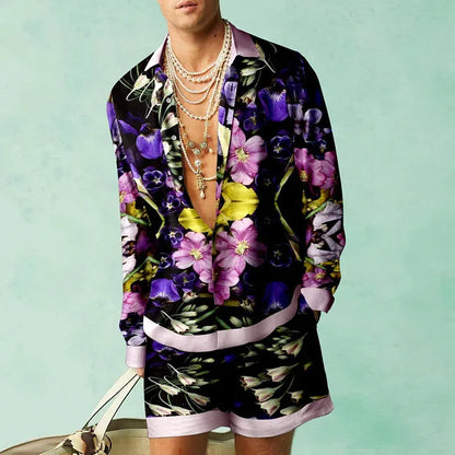 Men's slim fit summer shirt and shorts set in polyester with long sleeves, available in multiple colours