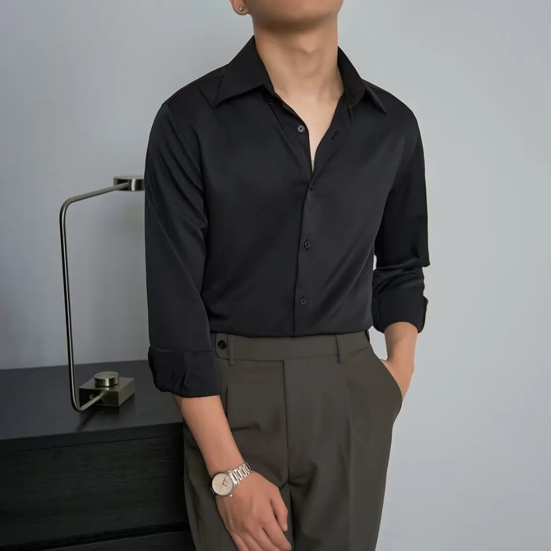Korean style men's long sleeve shirt in black with Japanese retro cardigan design