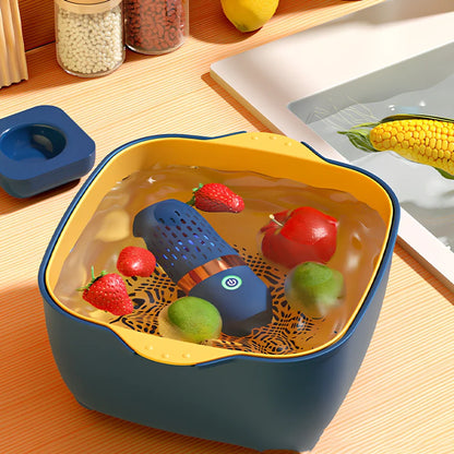 Blue capsule fruit and vegetable cleaner with charger, shows 3000mAh battery capacity