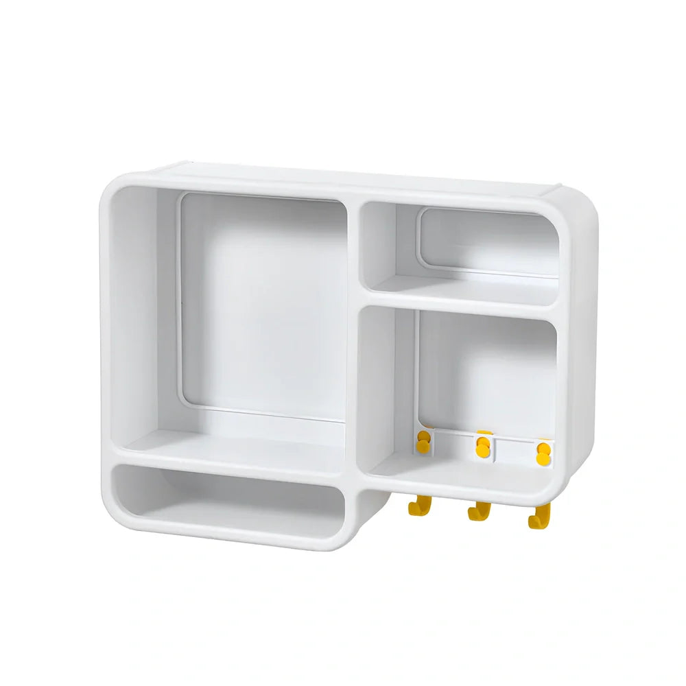 White wall-mounted cosmetics storage shelf measuring 36.2x27.2cm with dust-proof design