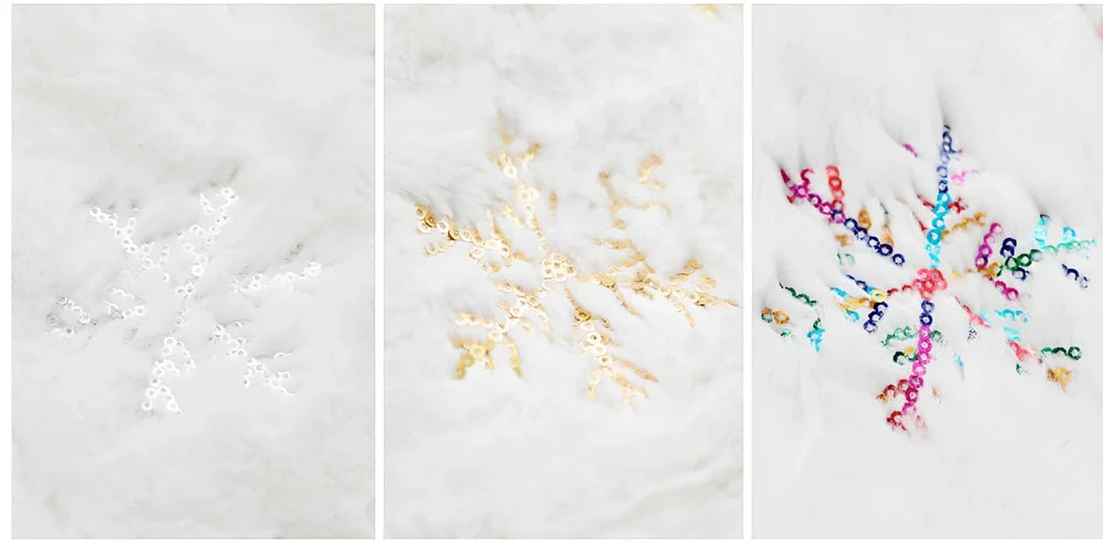 Christmas tree skirt with sequin embroidery and imitation rabbit fur trim in silver, gold, or colourful options