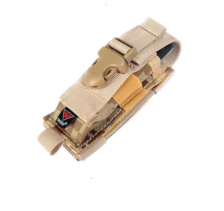 Compact outdoor survival kit in desert camouflage with adjustable webbing