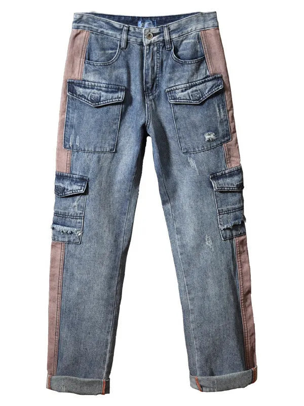 Men's loose-fit hip hop trousers with multi-pocket design in retro denim