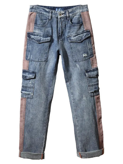 Men's loose-fit hip hop trousers with multi-pocket design in retro denim