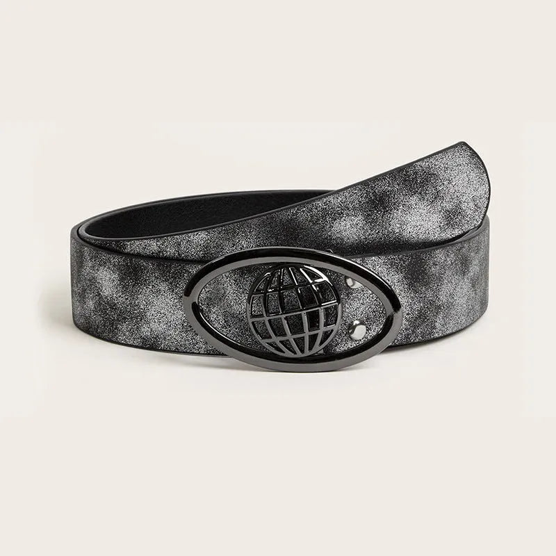 Women's retro PU leather belt with oval alloy buckle in thick over 4cm width, shown in grey white colour.