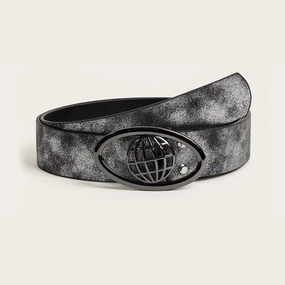 Women's retro PU leather belt with oval alloy buckle in thick over 4cm width, shown in grey white colour.
