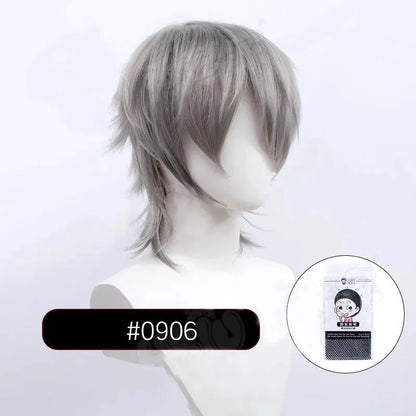 Short black anime-style cosplay wig for men with a lengthened hair tail, made from synthetic fibre.