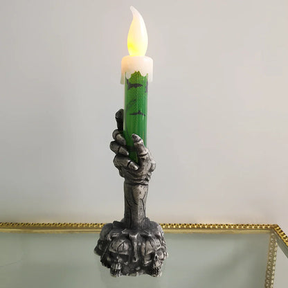 Orange and green Halloween skeleton ghost decoration with candle light, 15cm height