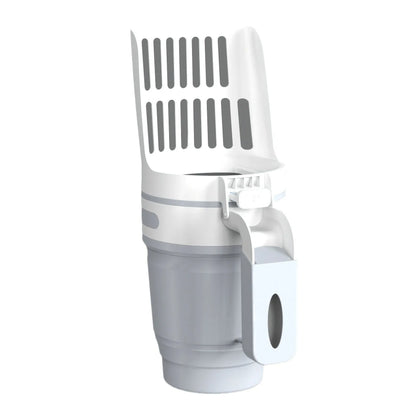 Grey cat litter scoop with attached waste collection bin and sheltered lid.