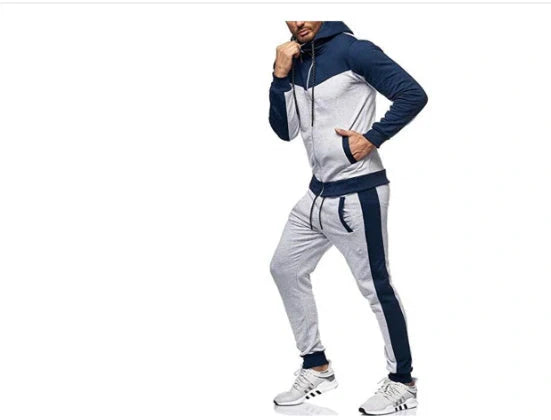 Men's hooded color block casual cardigan set in cotton blend fabric for autumn leisure wear