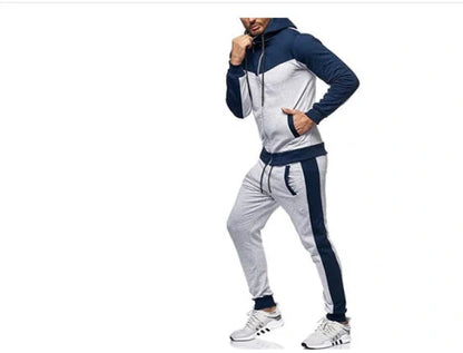 Men's hooded color block casual cardigan set in cotton blend fabric for autumn leisure wear