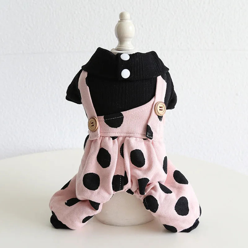 Casual lapel shoulder strap dog clothes in cloth material, showing four-legged and skirt style options.