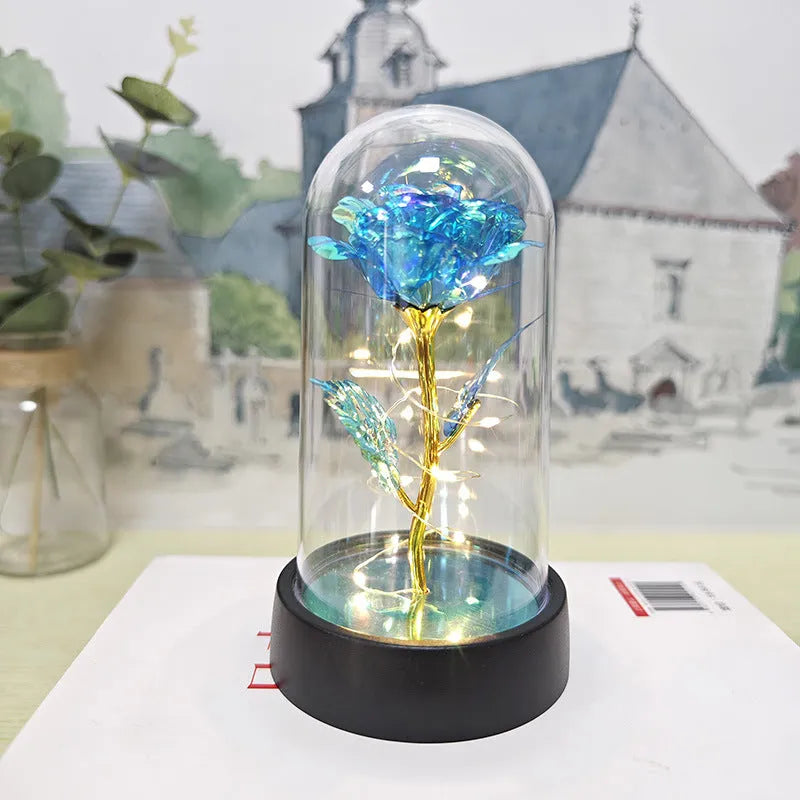 Glass cover small night lamp with plastic flowers, 15cm height, black base, and multiple light colour options