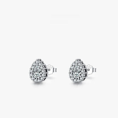 A pair of women's silver drop-shaped ear studs with a polished finish on a white background.