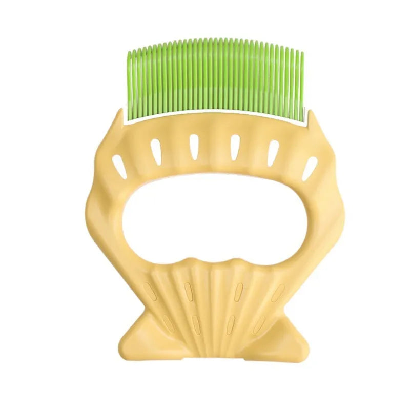 Shell-shaped plastic pet grooming brush with bent wire bristles in green, orange, or purple colours