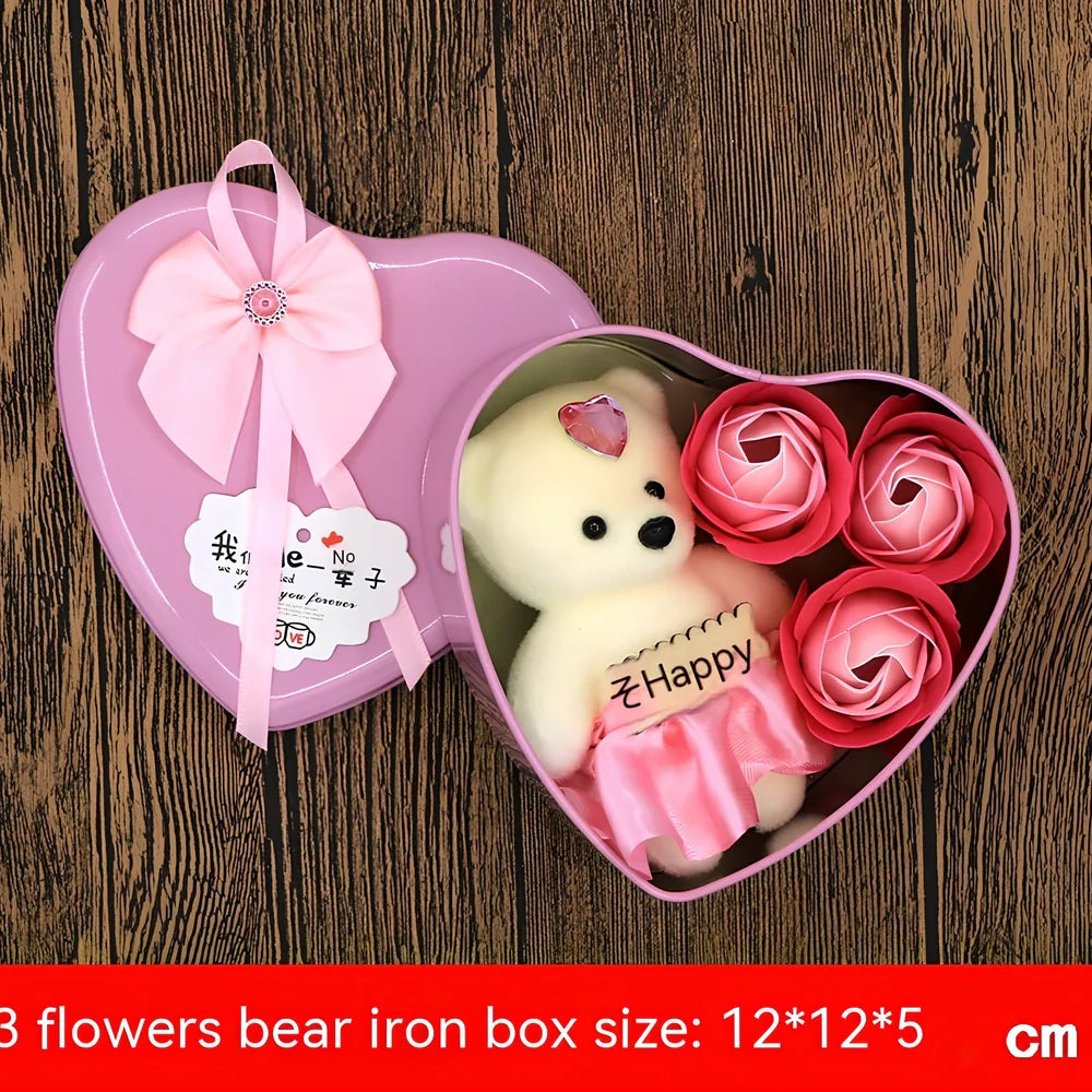 Handmade soap flower gift box in red heart-shaped tin with three blooms and bear, 12x12x5 cm for Valentine's Day