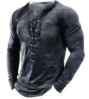 Men's long sleeved printed sports top with U-neck, polyester fibre fabric, sizes S to 4XL