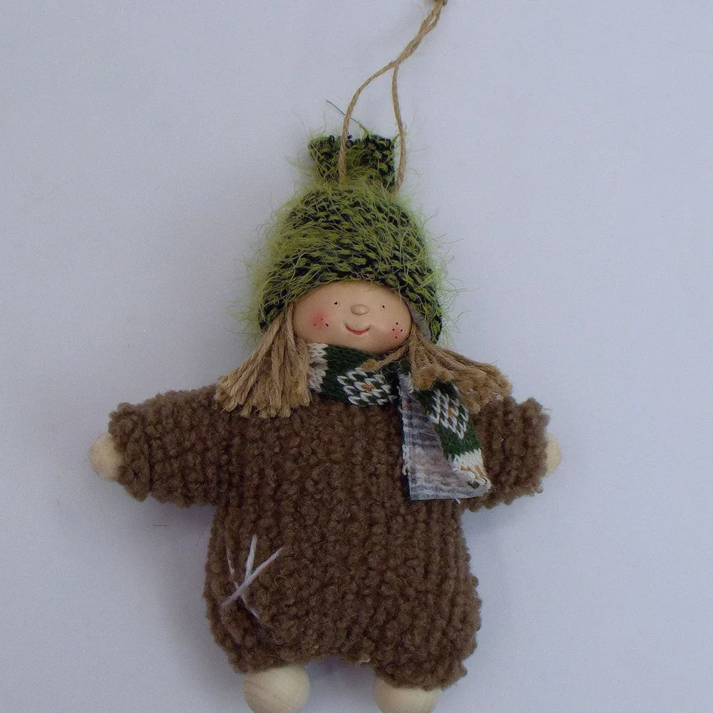 Christmas Easter fabric plush doll in dark brown with green clothing and red hat showing two size options