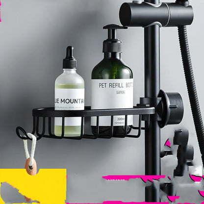 Black aluminium shower storage rack with shelves for bathroom organisation