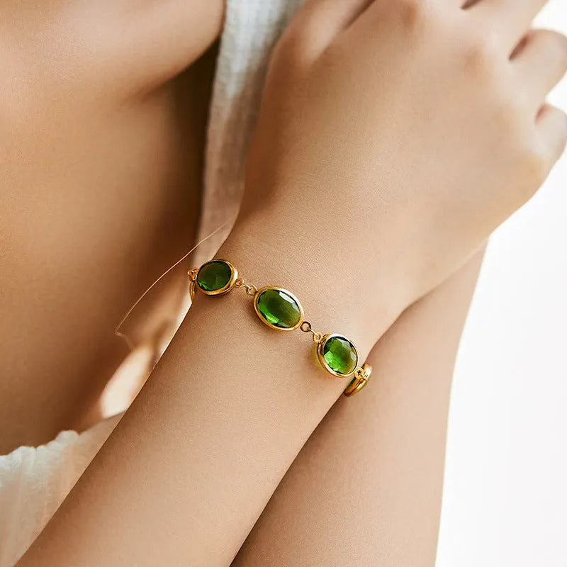 Geometric women's bracelet with glass inlay on 18K copper in blue, green or multicolour options