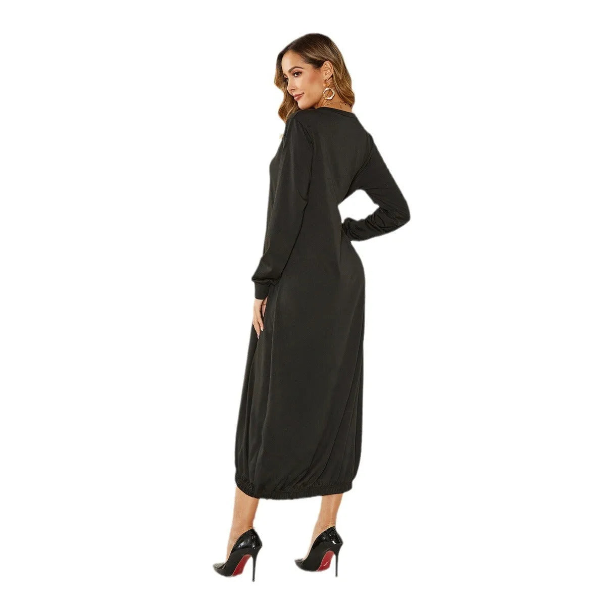 Black lantern dress with lace-up crew neck and loose fit, made from knitted polyester fabric